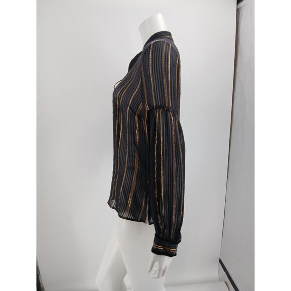 Derek Lam 10 Crosby Top Womens Size 8 Black Gold Metallic Stripes Sheer Silk - Picture 7 of 14
